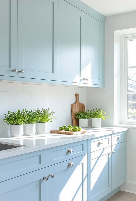 pastel blue cabinets white trim