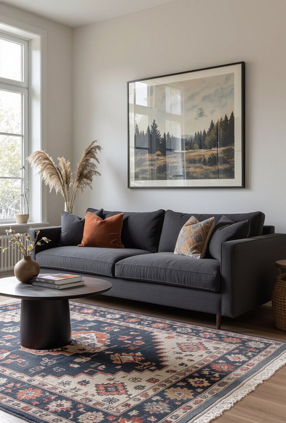 patterned rugs complement dark sofas
