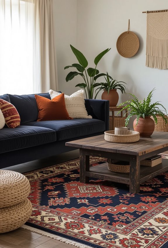 patterned rugs define seating areas