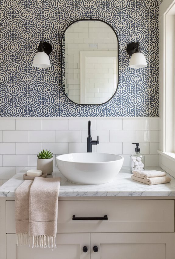 patterned wallpaper over subway tile