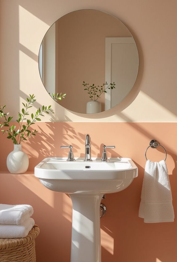 peach accents brighten small bathrooms