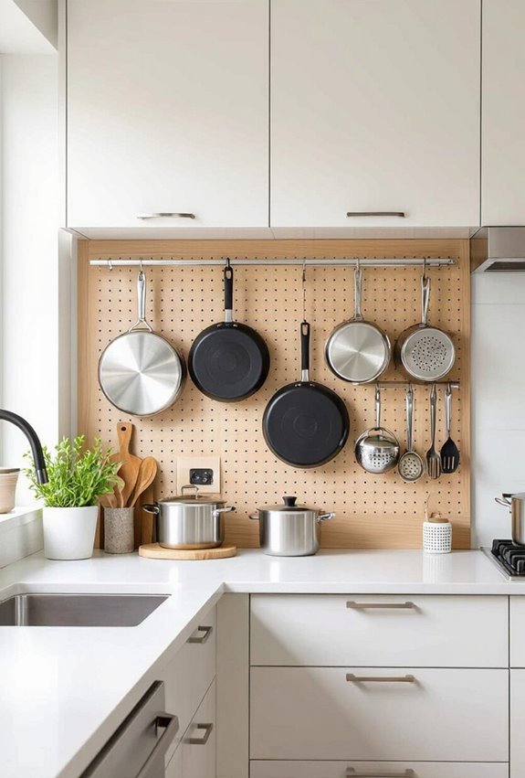 pegboard hung cookware for accessibility