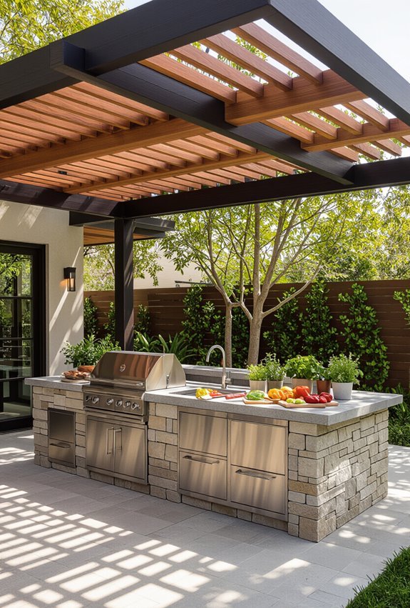 pergola equipped outdoor kitchen setup