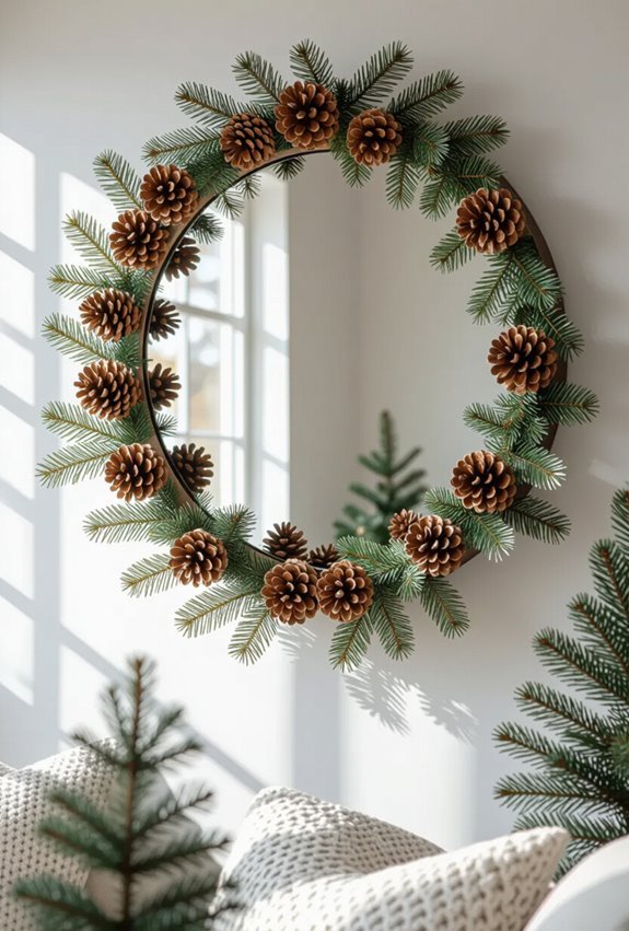 pinecone and evergreen mirror decor