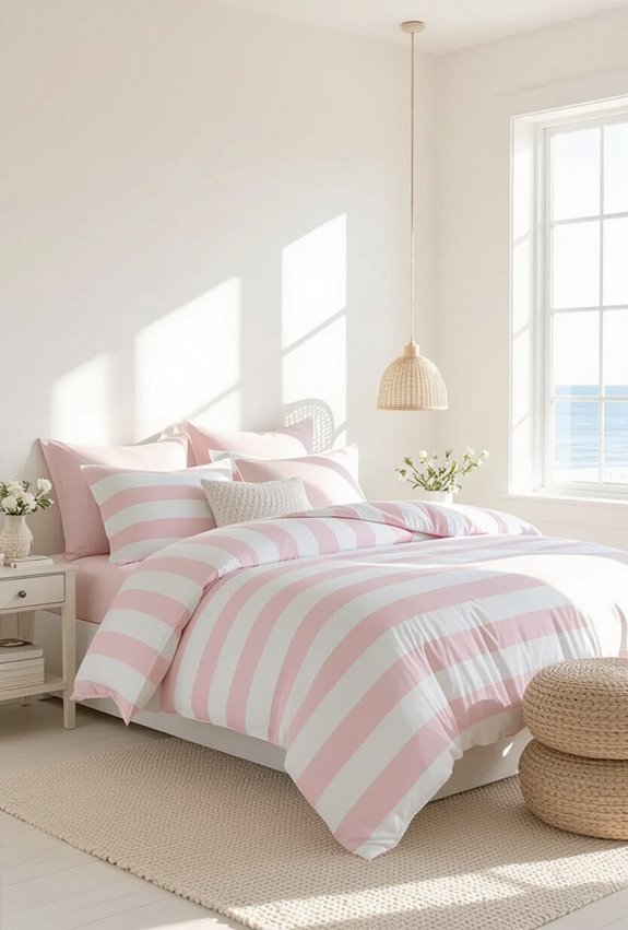 pink and white striped bedding