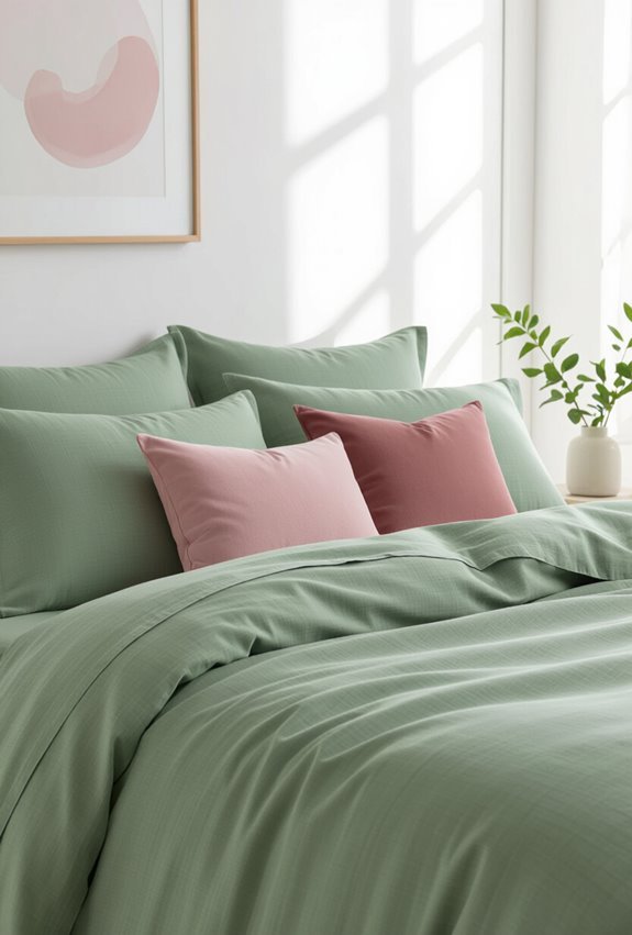 pink pillows brighten sage green
