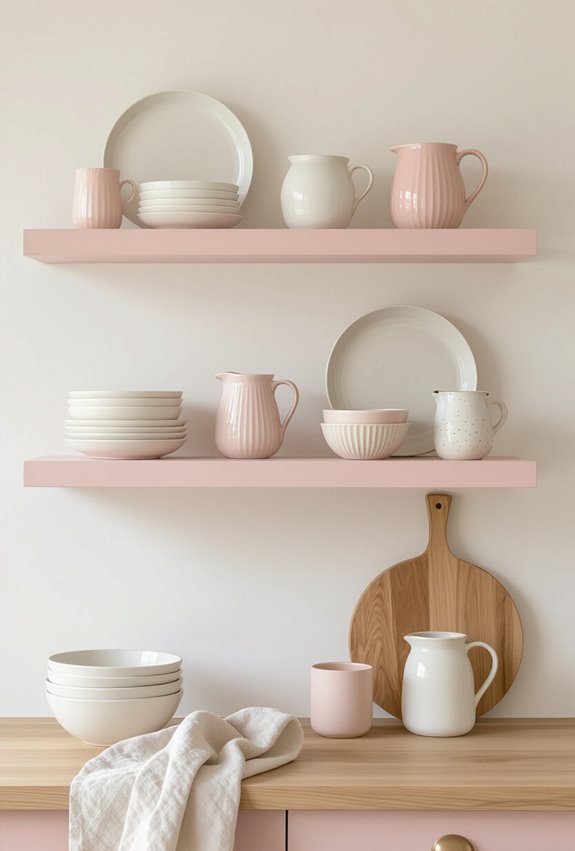 pink shelving with ceramics