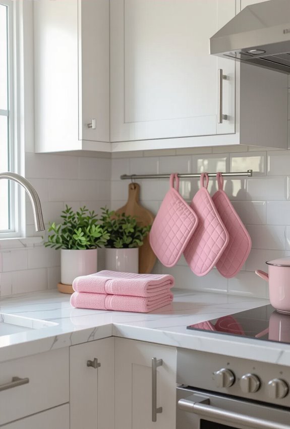 pink towels and ovenmitts