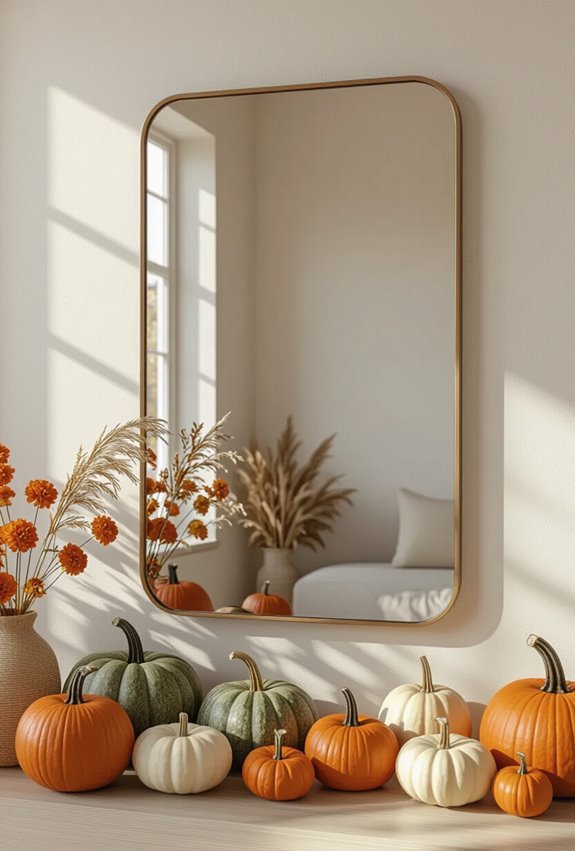 plaid wrapped mirrors with pumpkins