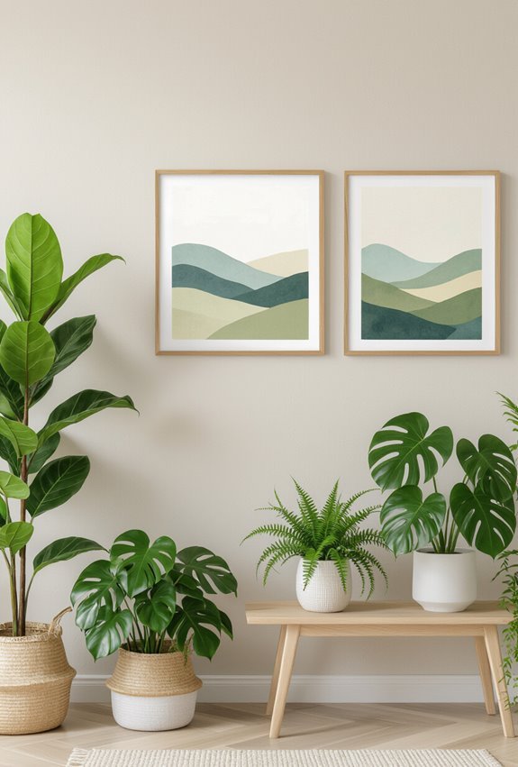 plants framing paintings for harmony