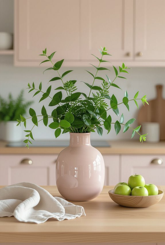 plants soften pink kitchens