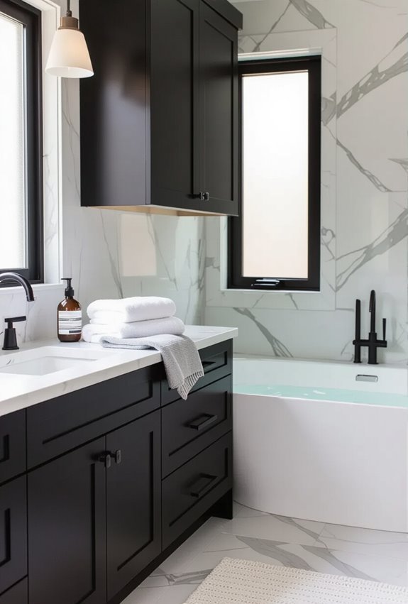 plush linens soften black cabinetry