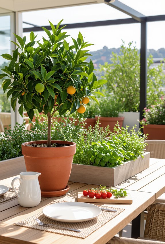 potted edible trees soften spaces