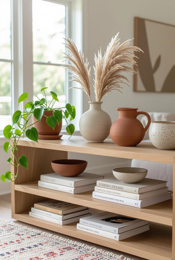 pottery books layered shelves