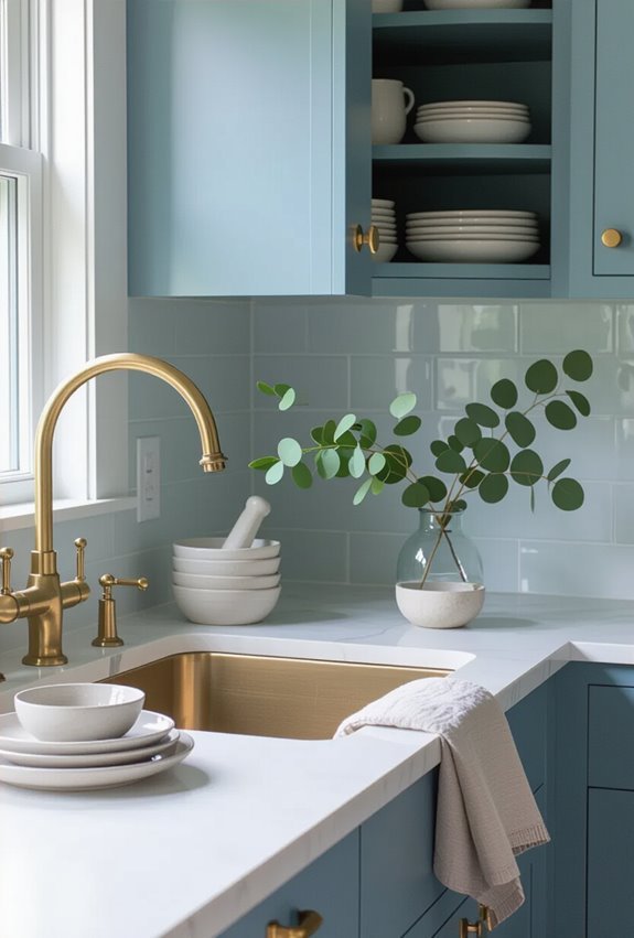 powder blue cabinetry with brass