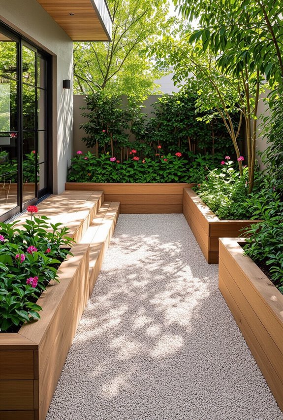 raised planters define gravel patio