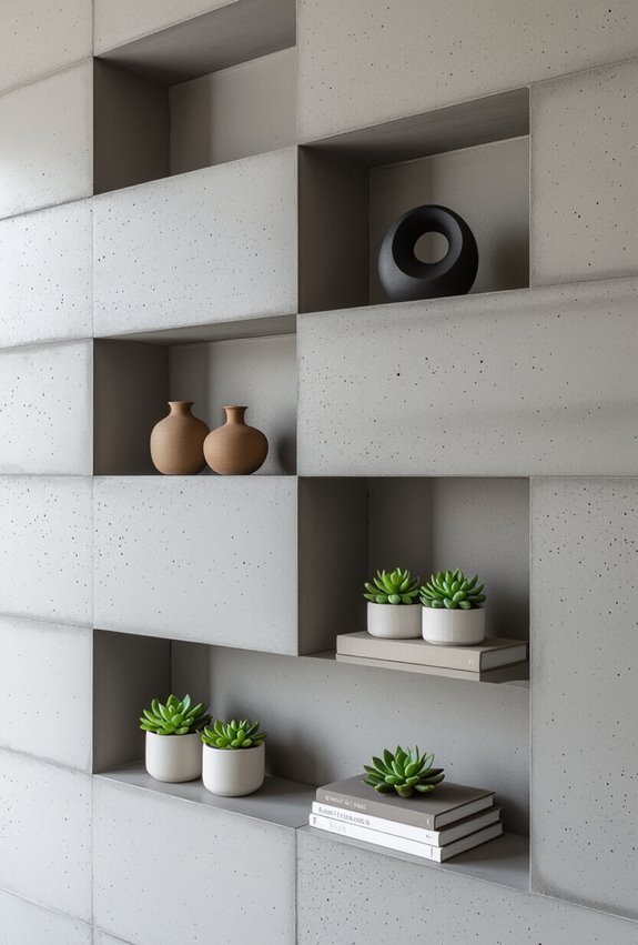 recessed built in concrete shelving