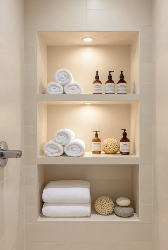 recessed illuminated faux stone shelving