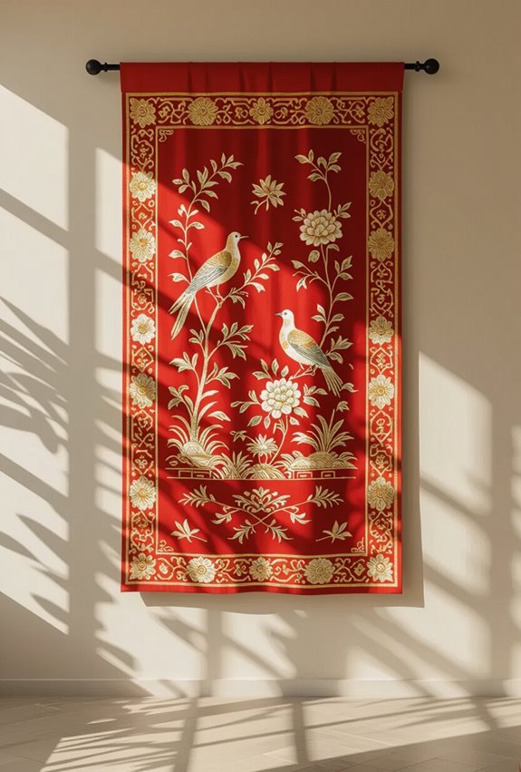 red and gold chinoiserie tapestries