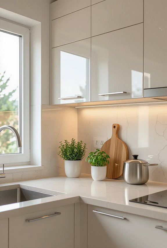 reflective backsplash enlarges kitchen ambience
