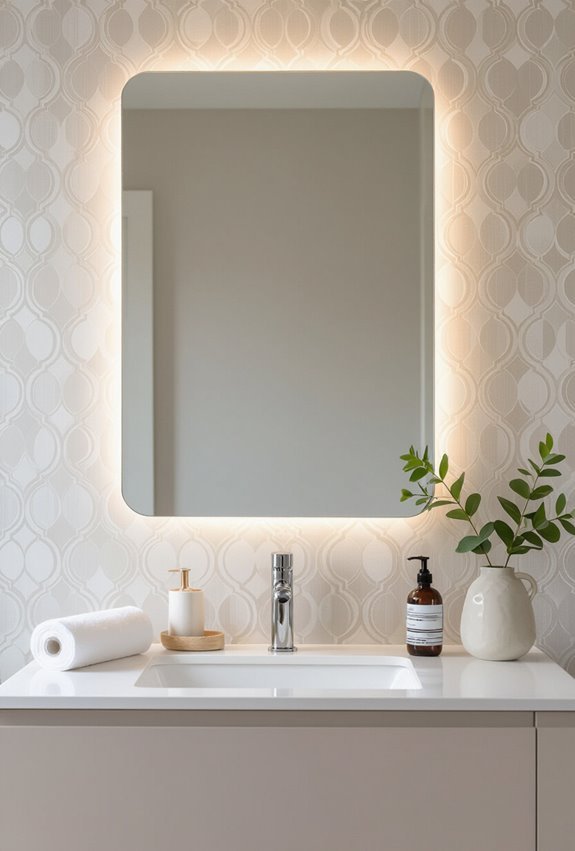 removable patterned wallpaper behind mirror