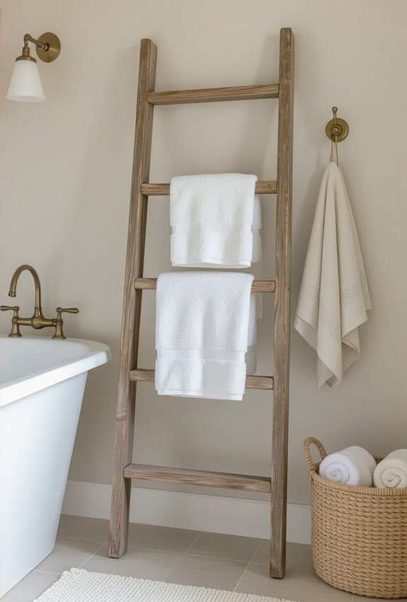 repurposed ladder towel storage