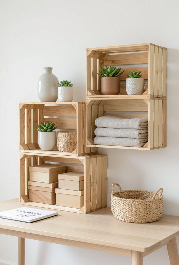repurposed wooden crate shelving