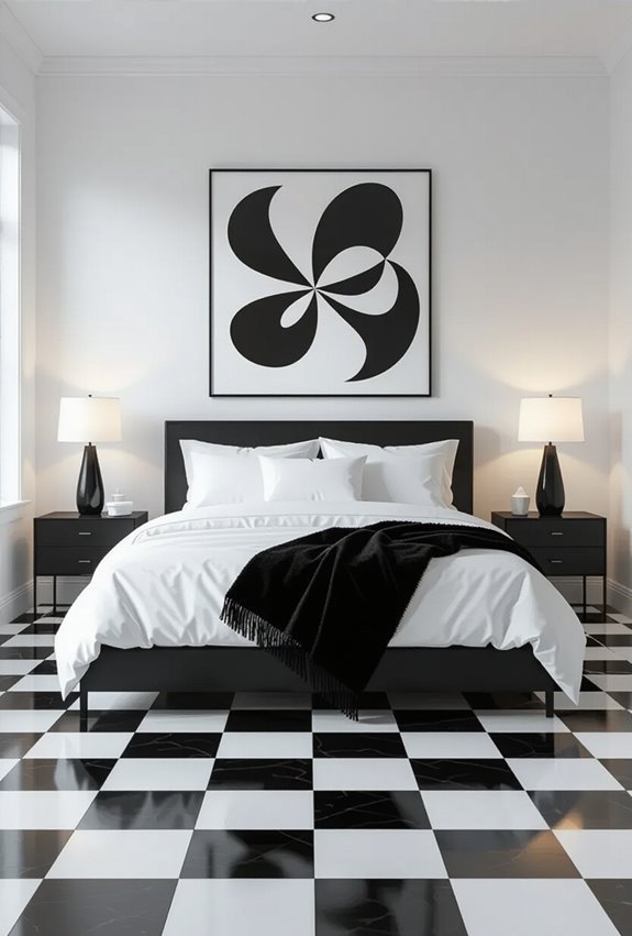 retro black and white checkerboard bedroom