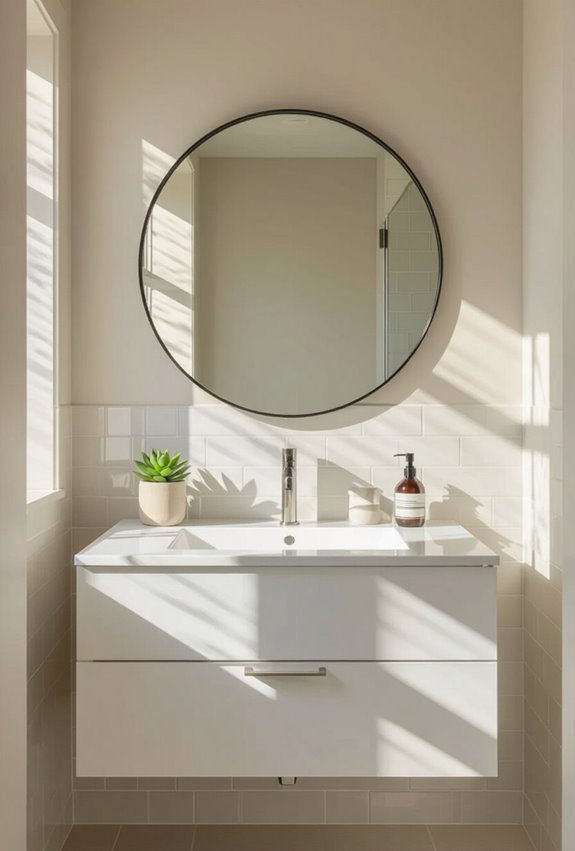 round mirrors soften small bathrooms