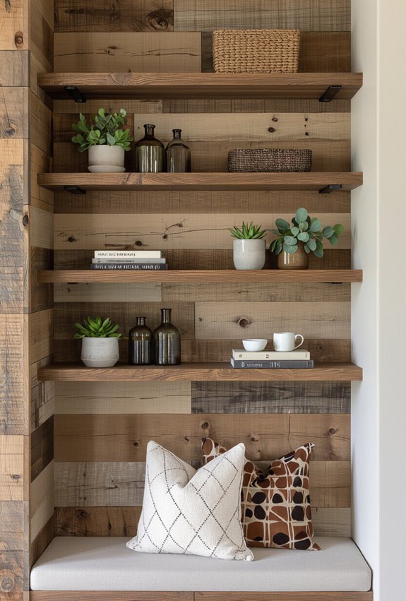rustic floating shelves with glass
