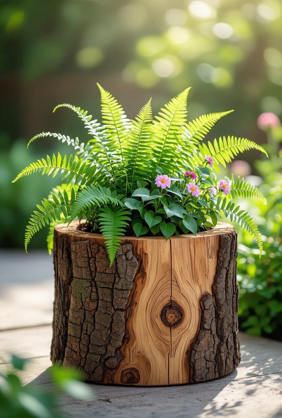 rustic hollowed log planters