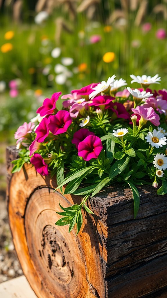 rustic log planters enhance gardens