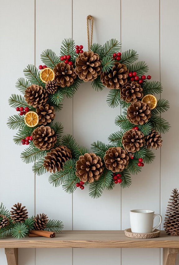 rustic pinecone wreaths with garland