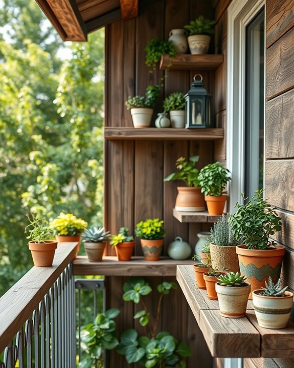 rustic shelves enhance balcony decor