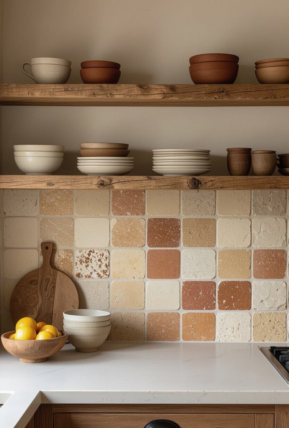 rustic tiled open shelf kitchen