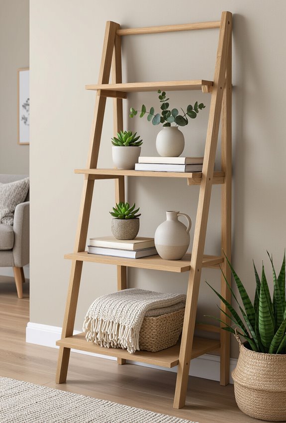 rustic tilted ladder shelving