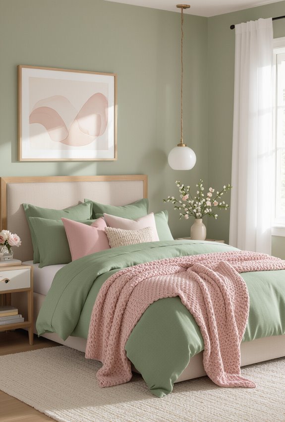 sage green and pink coziness
