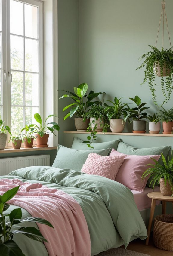 sage green bedroom with plants