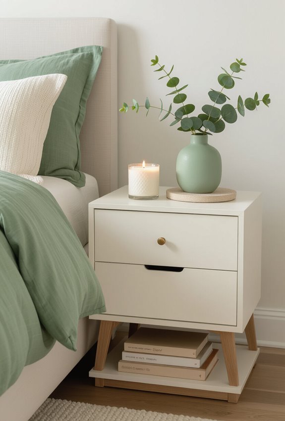 sage green cream nightstand styling