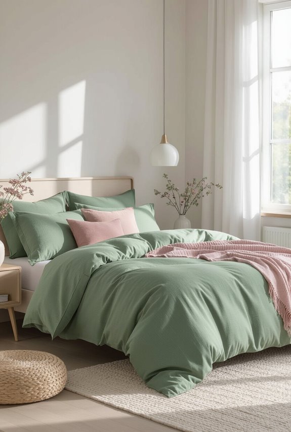 sage green with pink accents