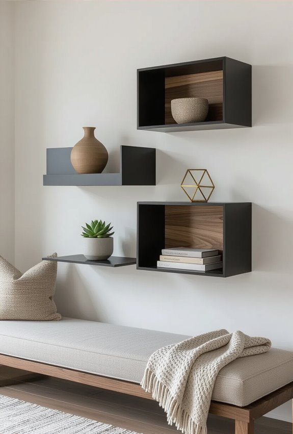 sculptural staggered floating box shelves