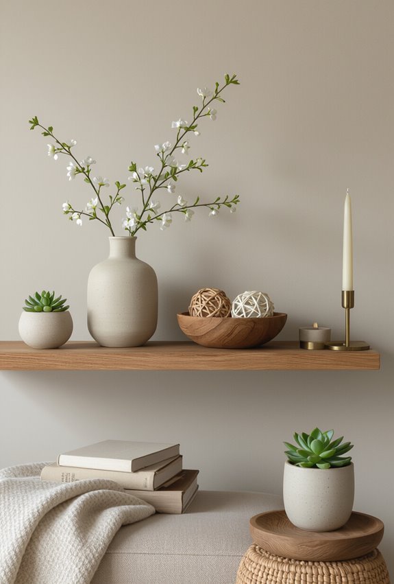 seasonal curated layered shelf vignette