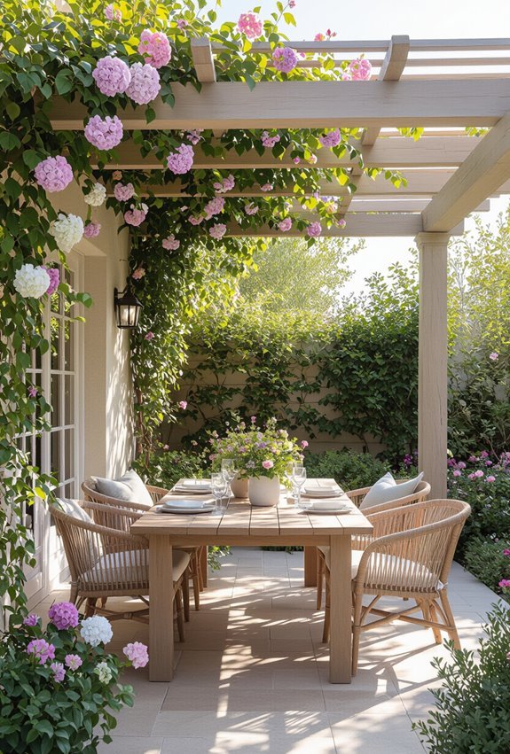 seasonal flower adorned pergola corners