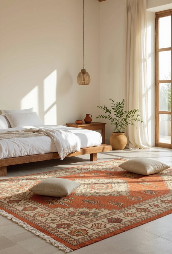 serene bedroom with dhurrie