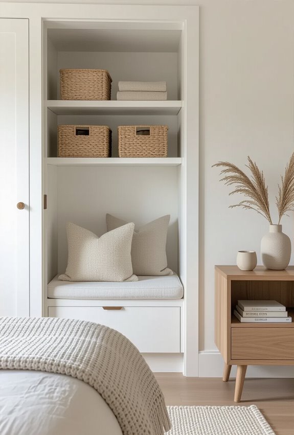 shallow labeled overhead storage shelf