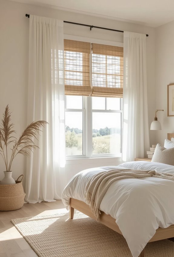 sheer curtains over bamboo shades