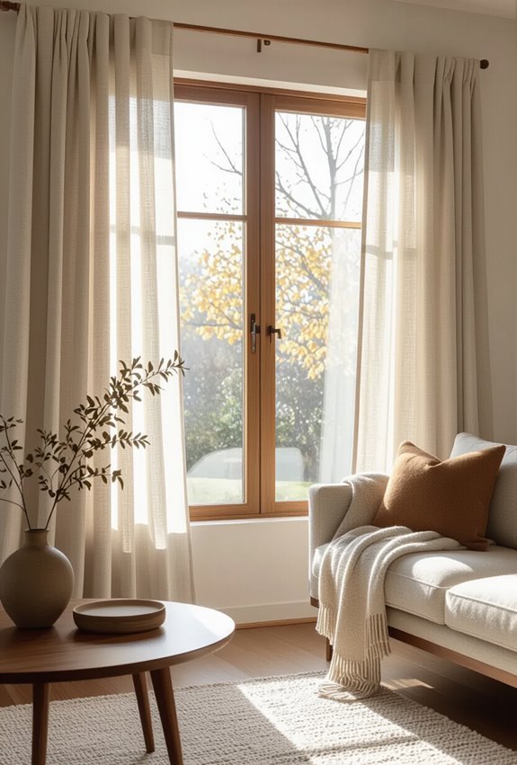 sheer lined linen drapes hung high