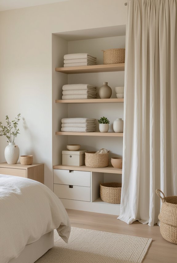 shelved storage concealed by curtains