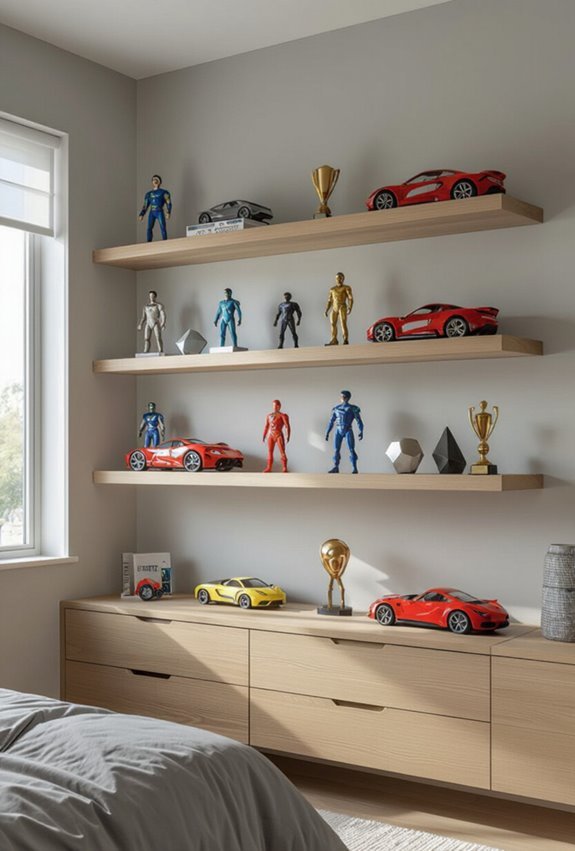 showcase collectibles on floating shelves