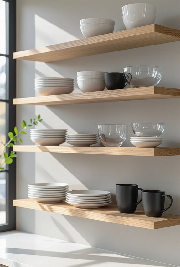 showcase modern dishware on open shelves